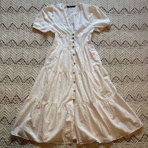Zara White Eyelet Button-Front Midi Dress Graduation Homestead Elegant Festival
